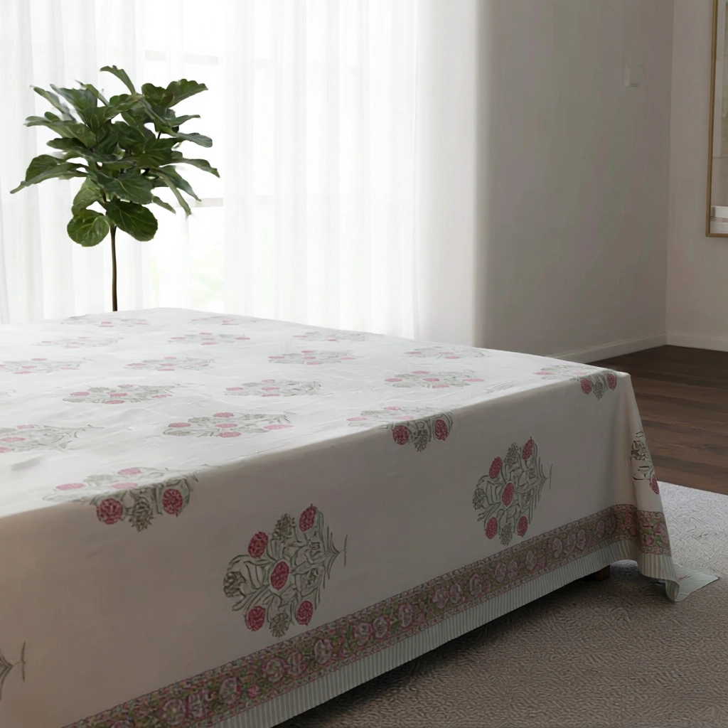 King Size Block Printed Percale Fine Cotton Bedspread with 2 Pillow Cases   200685