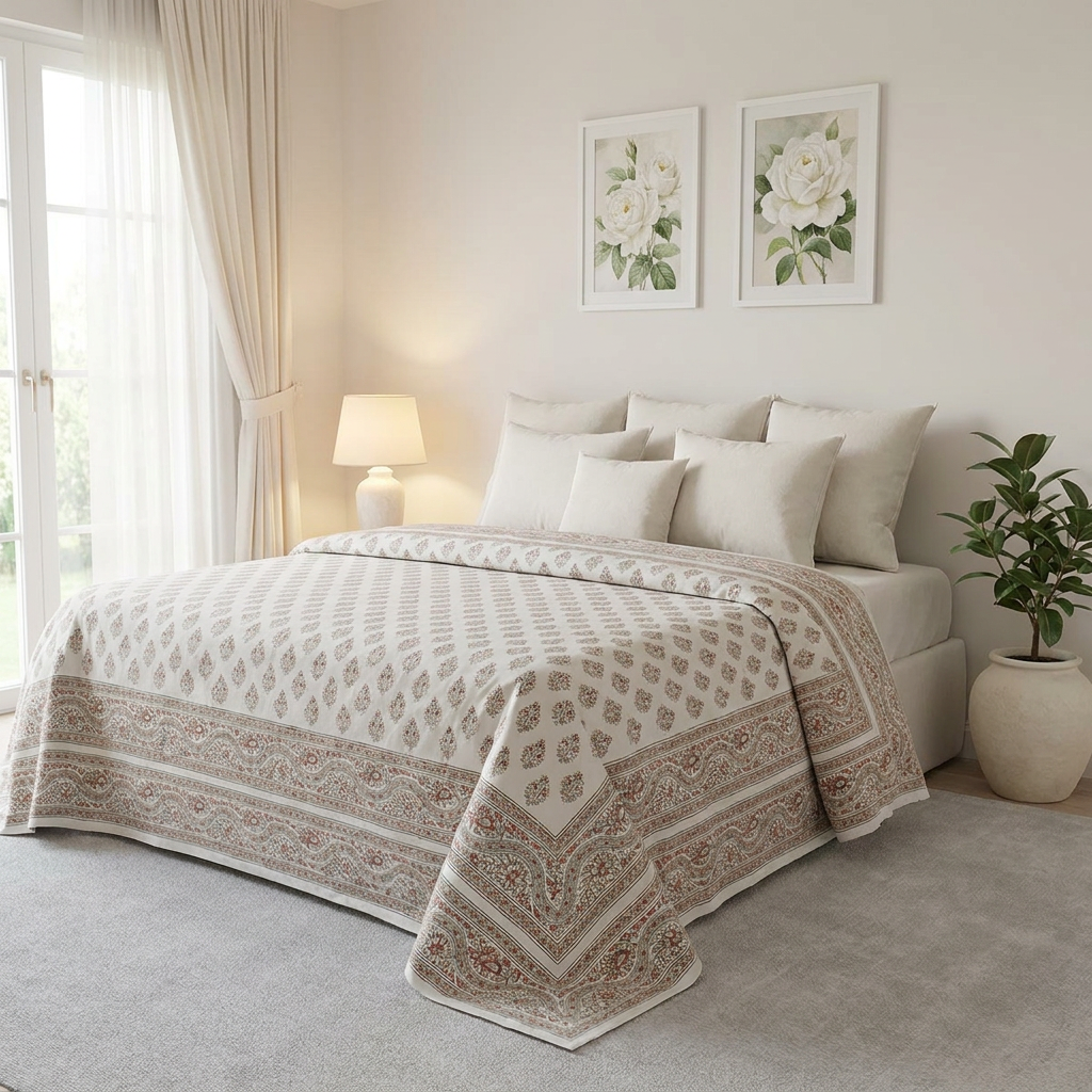 King Size Block Printed Percale Fine Cotton Bedspread with 2 Pillow Cases 200701