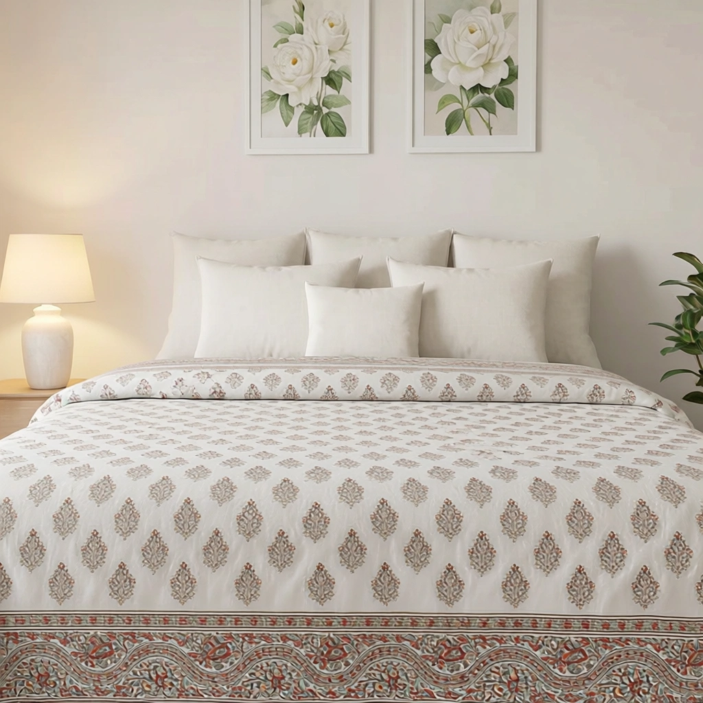 King Size Block Printed Percale Fine Cotton Bedspread with 2 Pillow Cases 200701
