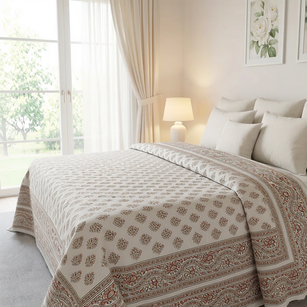 King Size Block Printed Percale Fine Cotton Bedspread with 2 Pillow Cases 200701