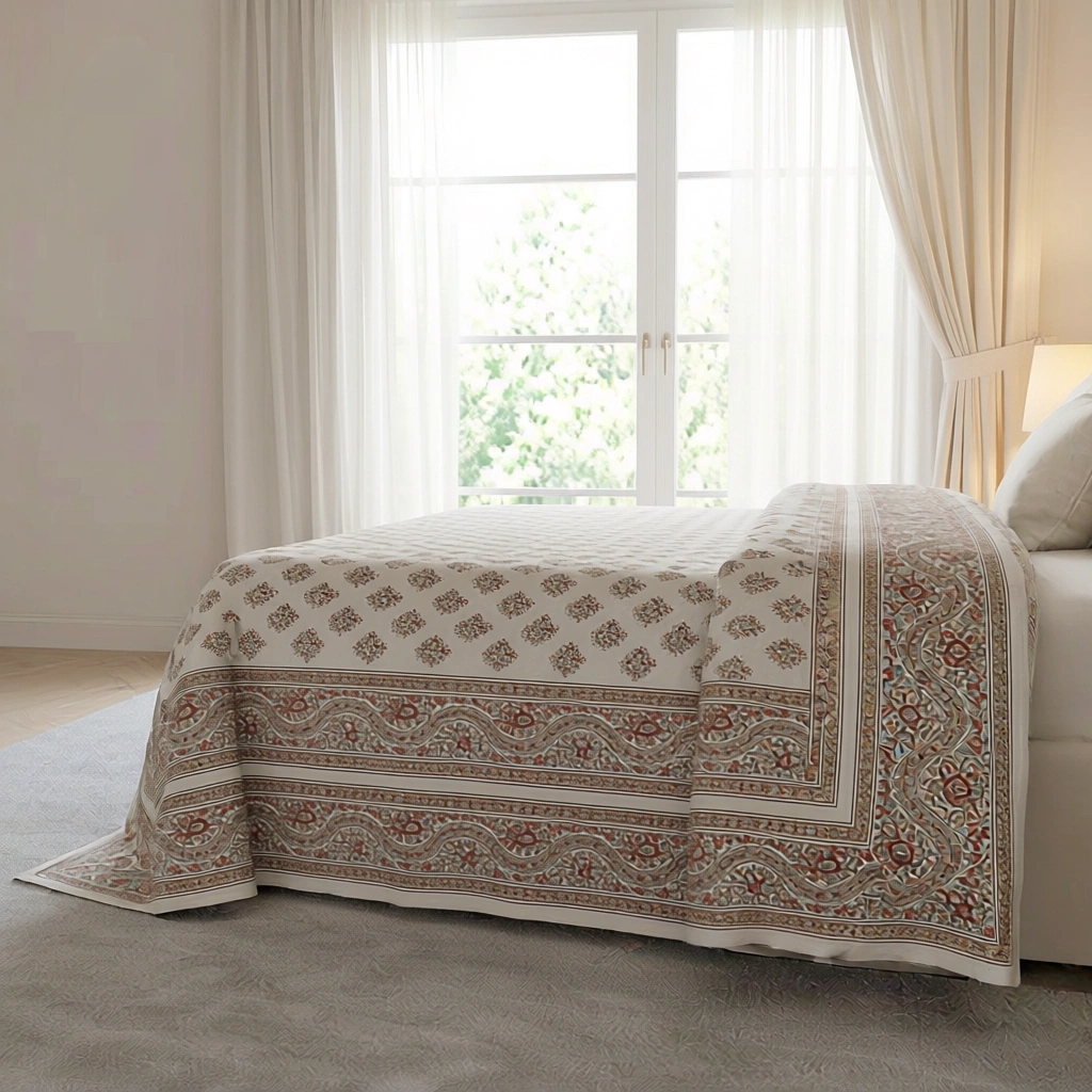 King Size Block Printed Percale Fine Cotton Bedspread with 2 Pillow Cases   200701