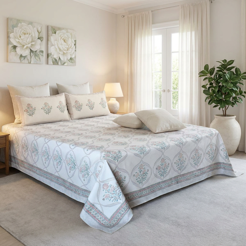 King Size Block Printed Percale Fine Cotton Bedspread with 2 Pillow Cases 200796
