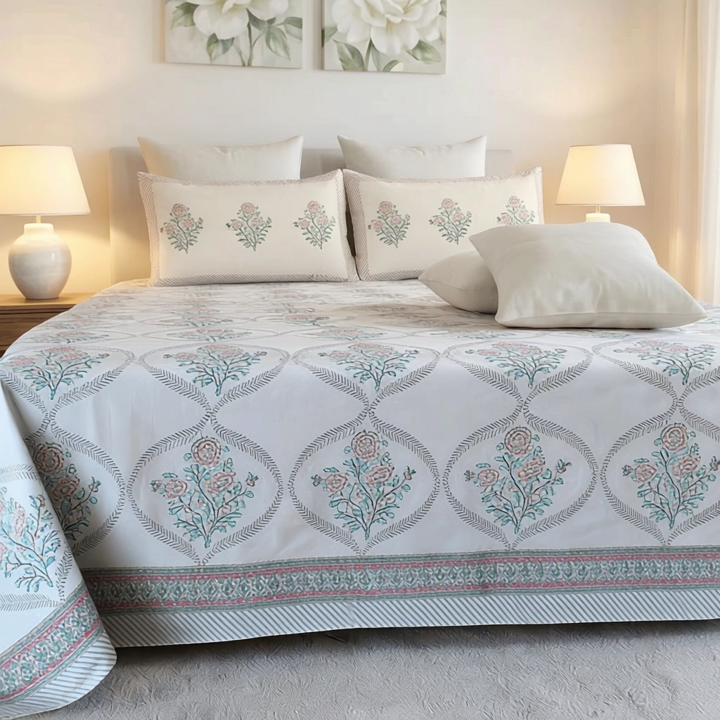King Size Block Printed Percale Fine Cotton Bedspread with 2 Pillow Cases   200796