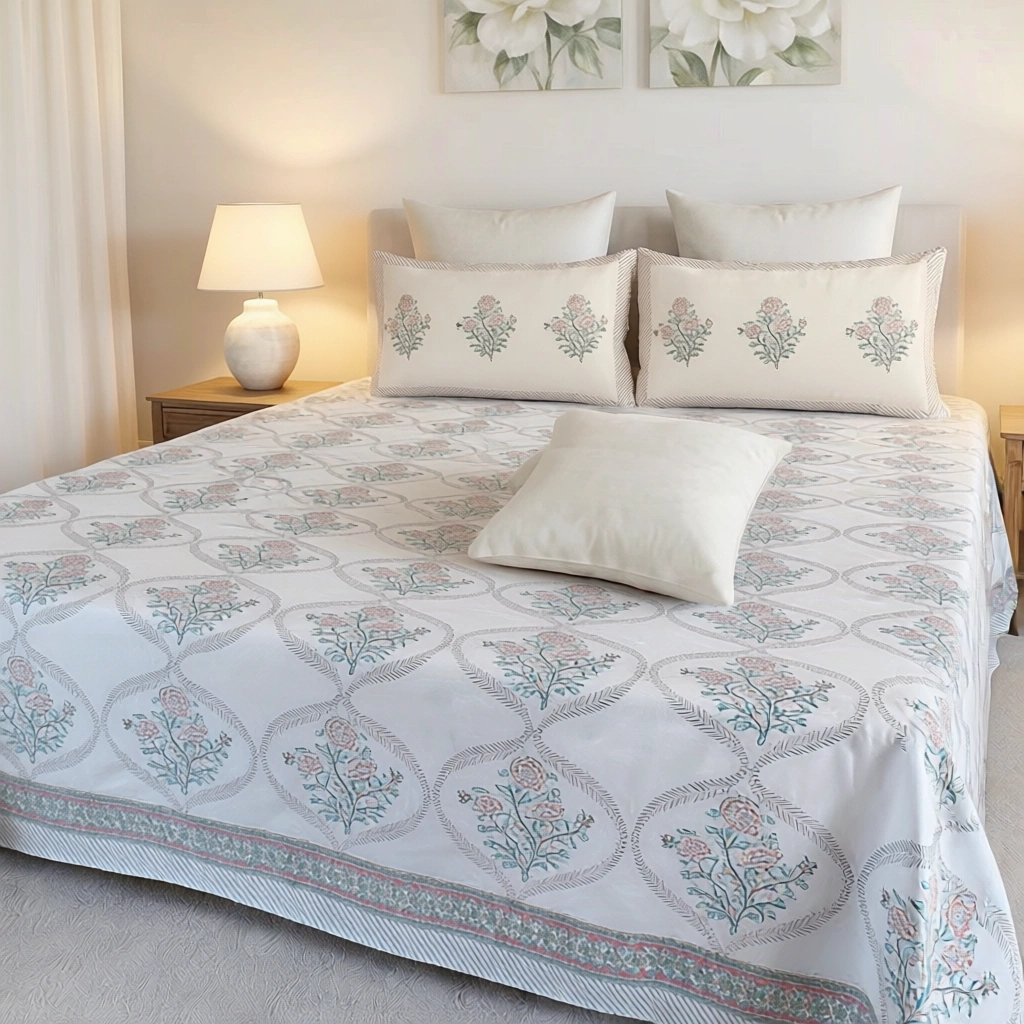 King Size Block Printed Percale Fine Cotton Bedspread with 2 Pillow Cases   200796