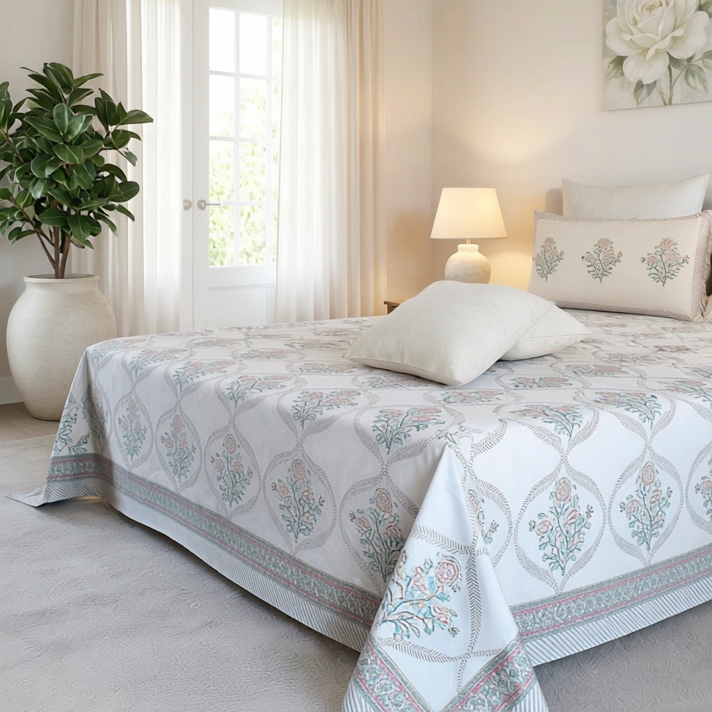 King Size Block Printed Percale Fine Cotton Bedspread with 2 Pillow Cases   200796