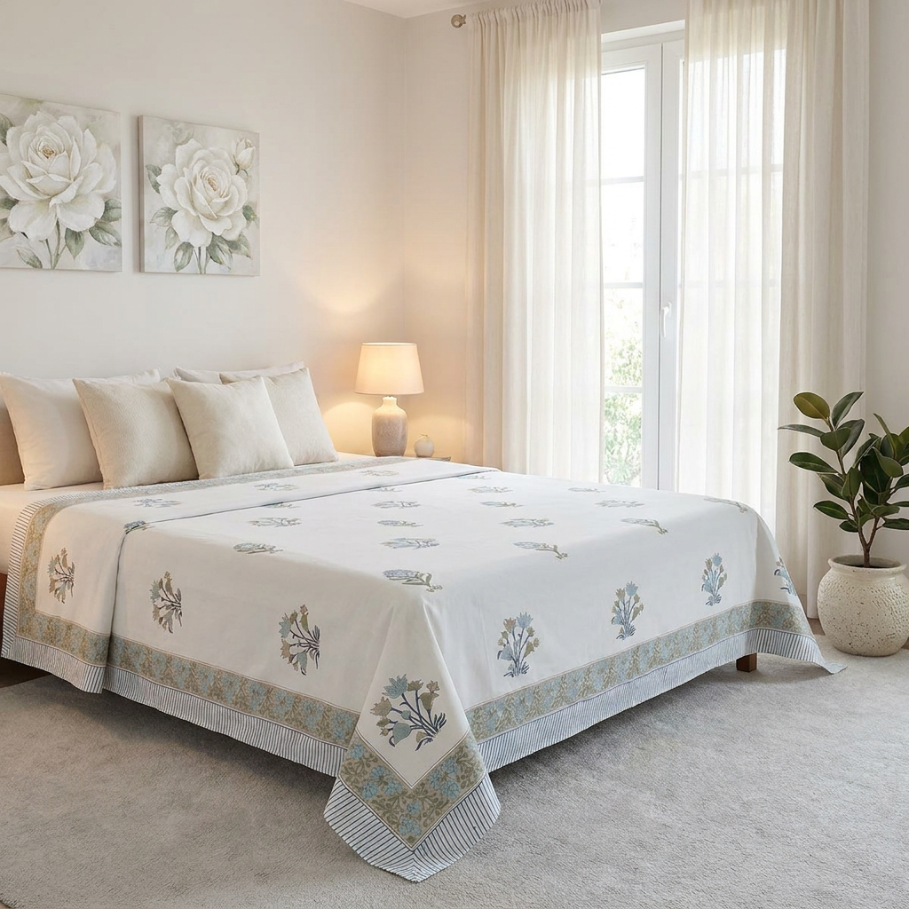King Size Block Printed Percale Fine Cotton Bedspread with 2 Pillow Cases 200802