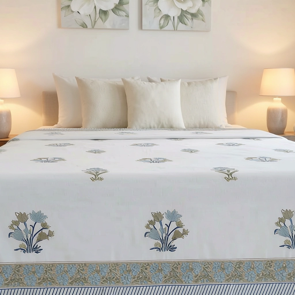 King Size Block Printed Percale Fine Cotton Bedspread with 2 Pillow Cases   200802