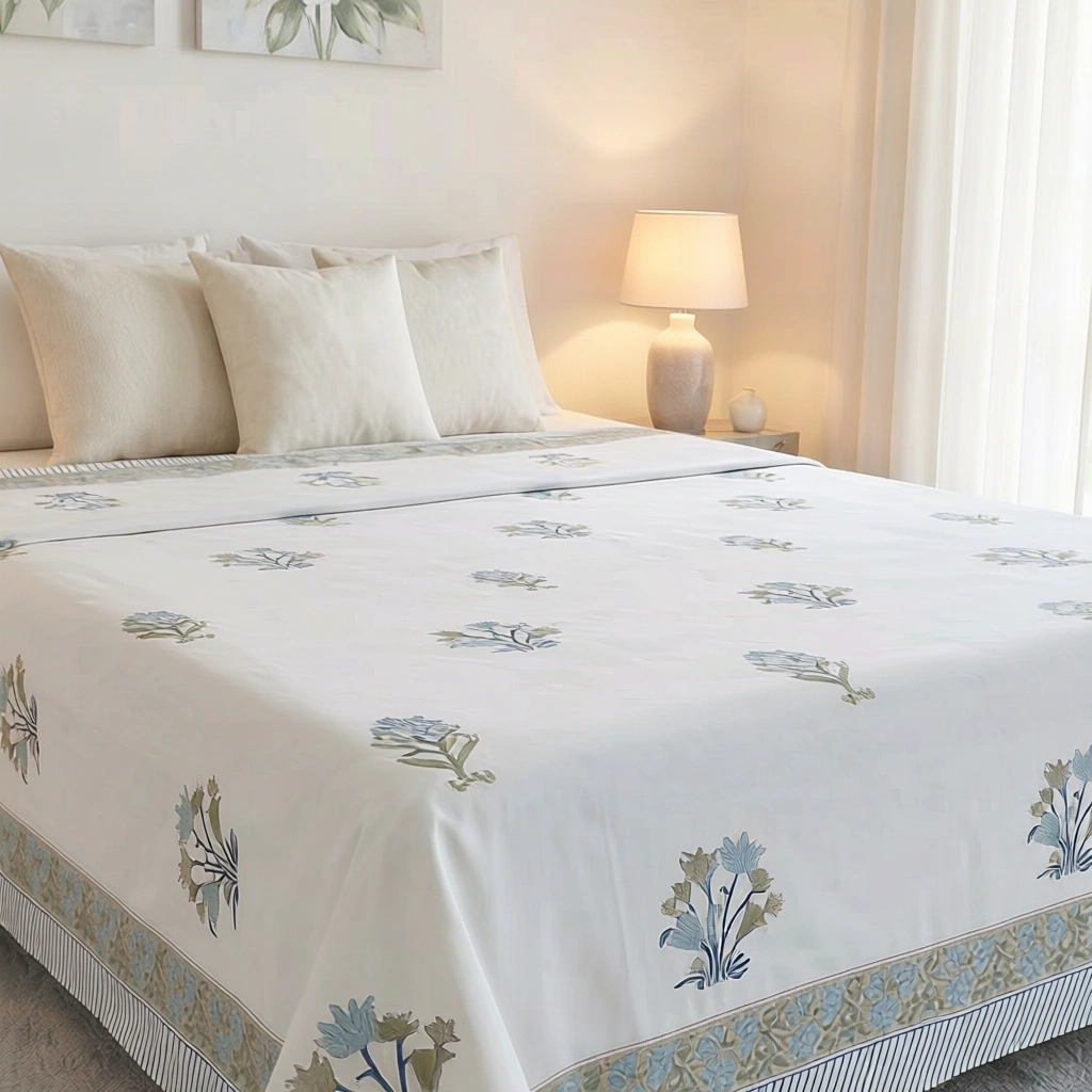 King Size Block Printed Percale Fine Cotton Bedspread with 2 Pillow Cases   200802