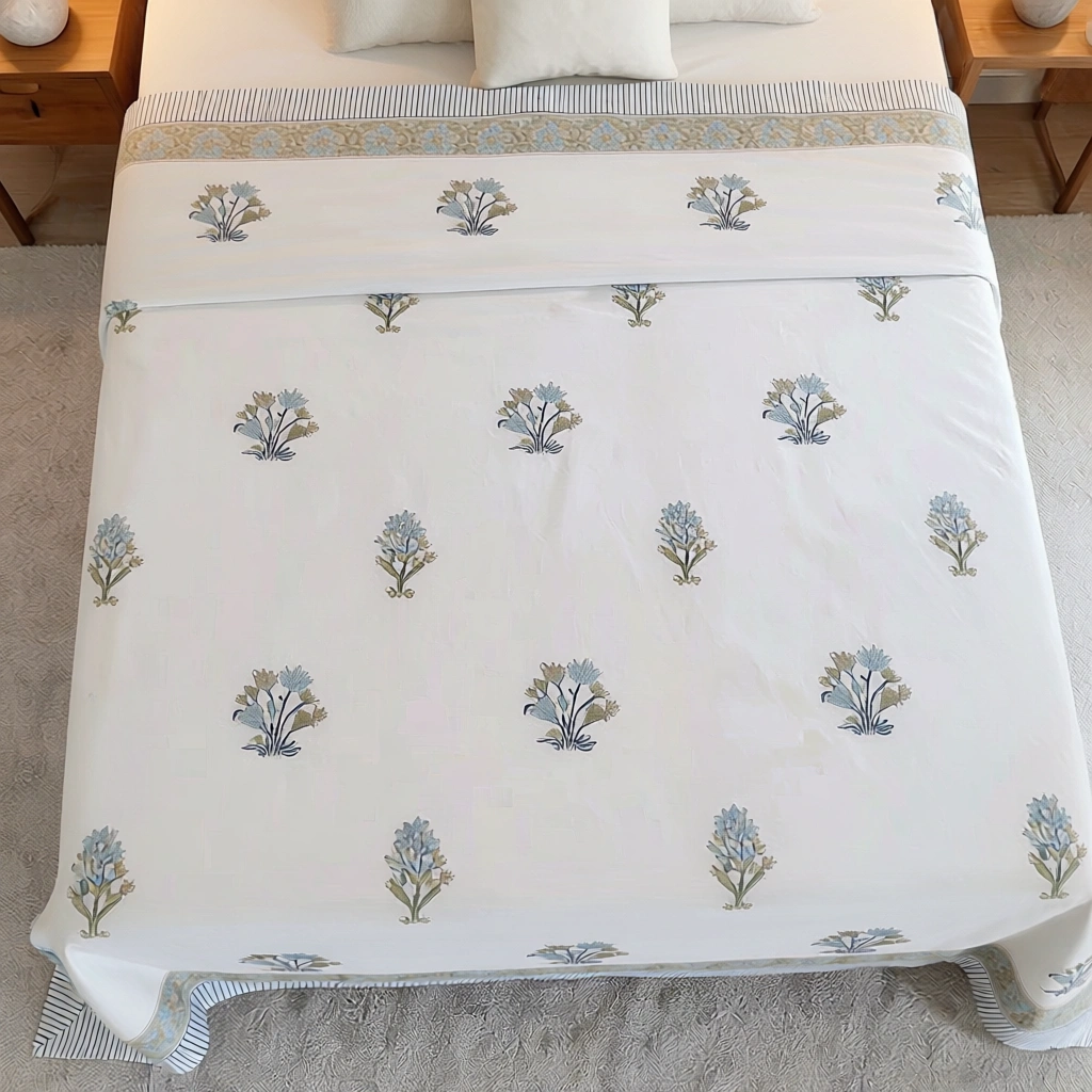 King Size Block Printed Percale Fine Cotton Bedspread with 2 Pillow Cases   200802