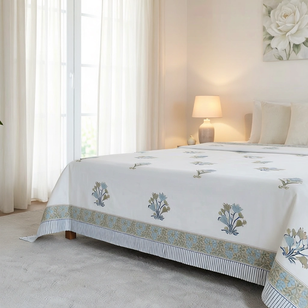 King Size Block Printed Percale Fine Cotton Bedspread with 2 Pillow Cases   200802