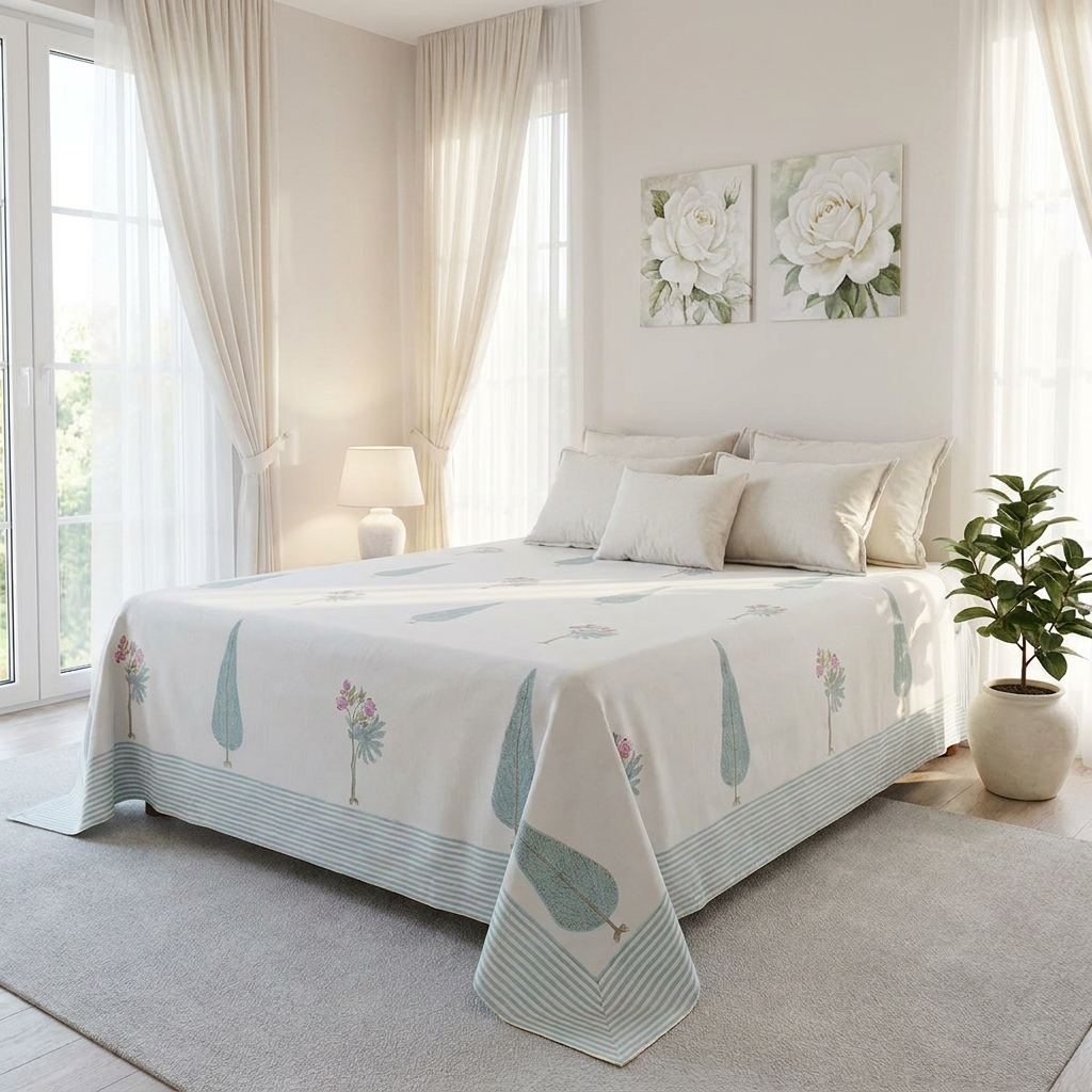 King Size Block Printed Percale Fine Cotton Bedspread with 2 Pillow Cases 200805