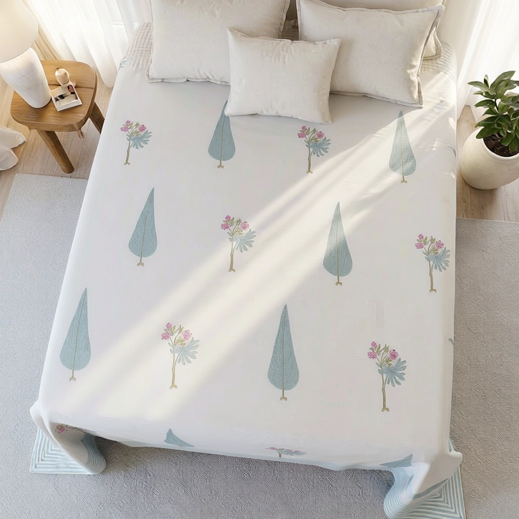 King Size Block Printed Percale Fine Cotton Bedspread with 2 Pillow Cases 200805