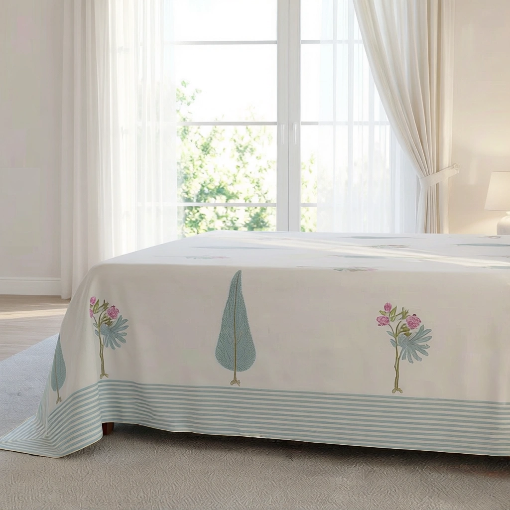 King Size Block Printed Percale Fine Cotton Bedspread with 2 Pillow Cases 200805