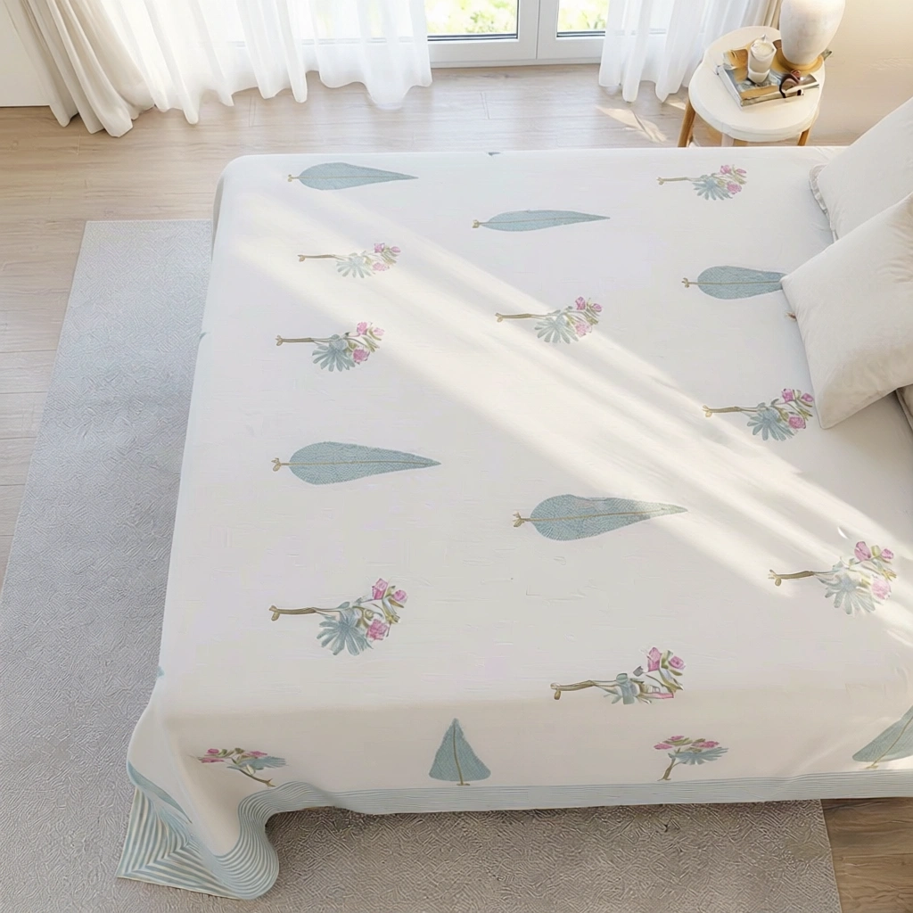 King Size Block Printed Percale Fine Cotton Bedspread with 2 Pillow Cases 200805