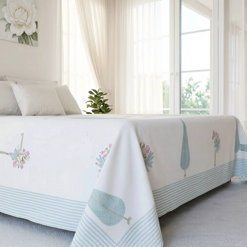 King Size Block Printed Percale Fine Cotton Bedspread with 2 Pillow Cases 200805