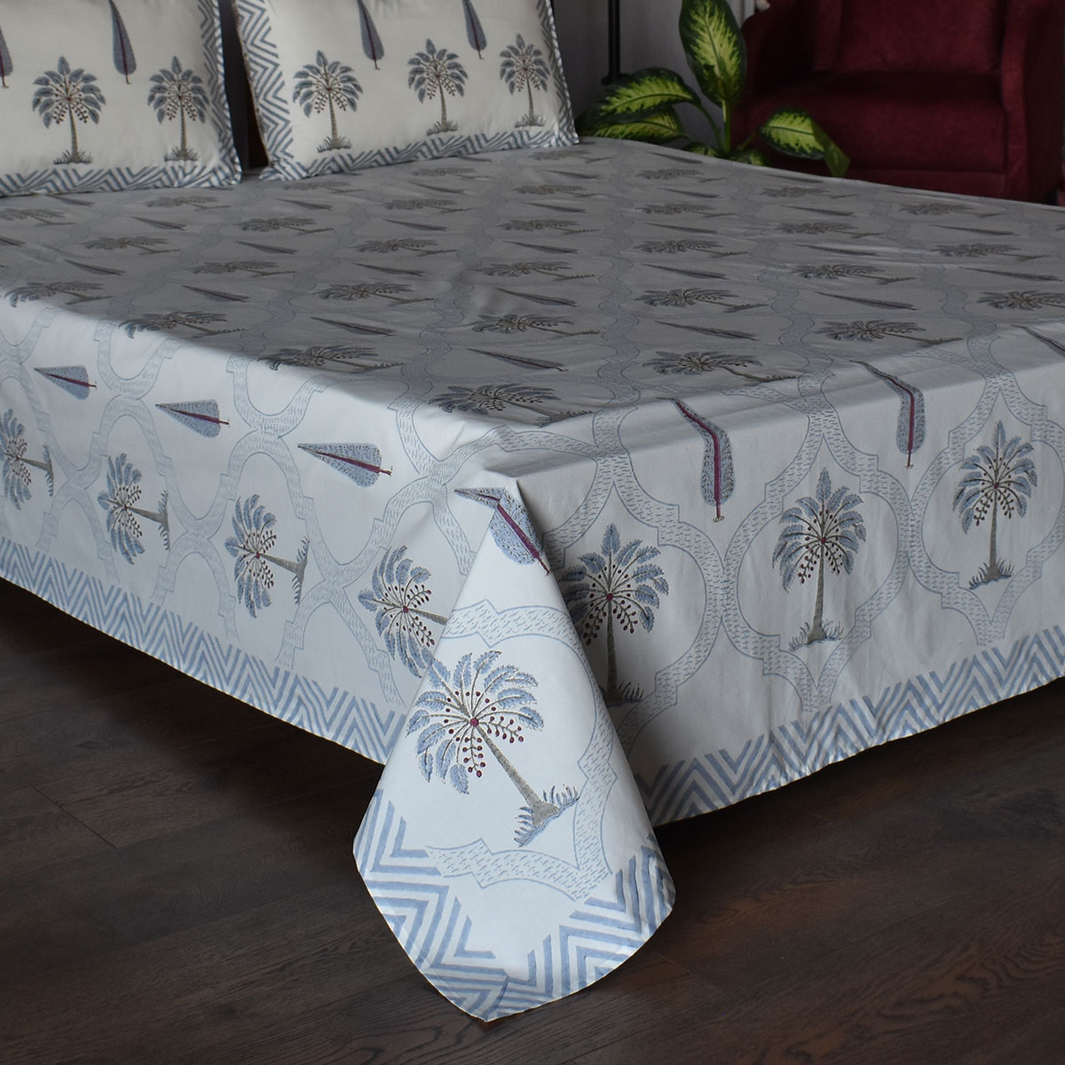 King Size Block Printed Percale Fine Cotton Bedspread with 2 Pillow Cases 200809