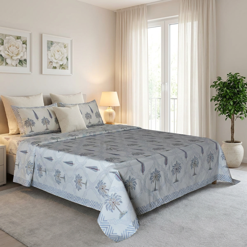 King Size Block Printed Percale Fine Cotton Bedspread with 2 Pillow Cases 200809
