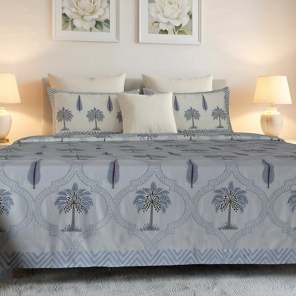 King Size Block Printed Percale Fine Cotton Bedspread with 2 Pillow Cases 200809
