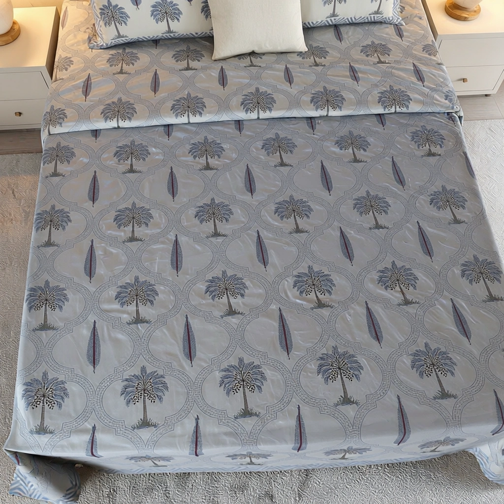 King Size Block Printed Percale Fine Cotton Bedspread with 2 Pillow Cases   200809