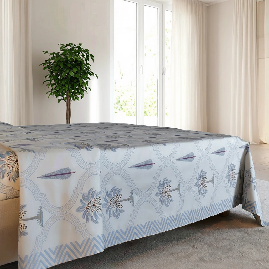 King Size Block Printed Percale Fine Cotton Bedspread with 2 Pillow Cases   200809