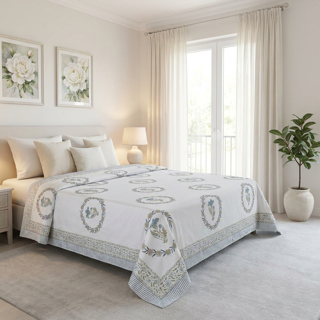 King Size Block Printed Percale Fine Cotton Bedspread with 2 Pillow Cases 200814