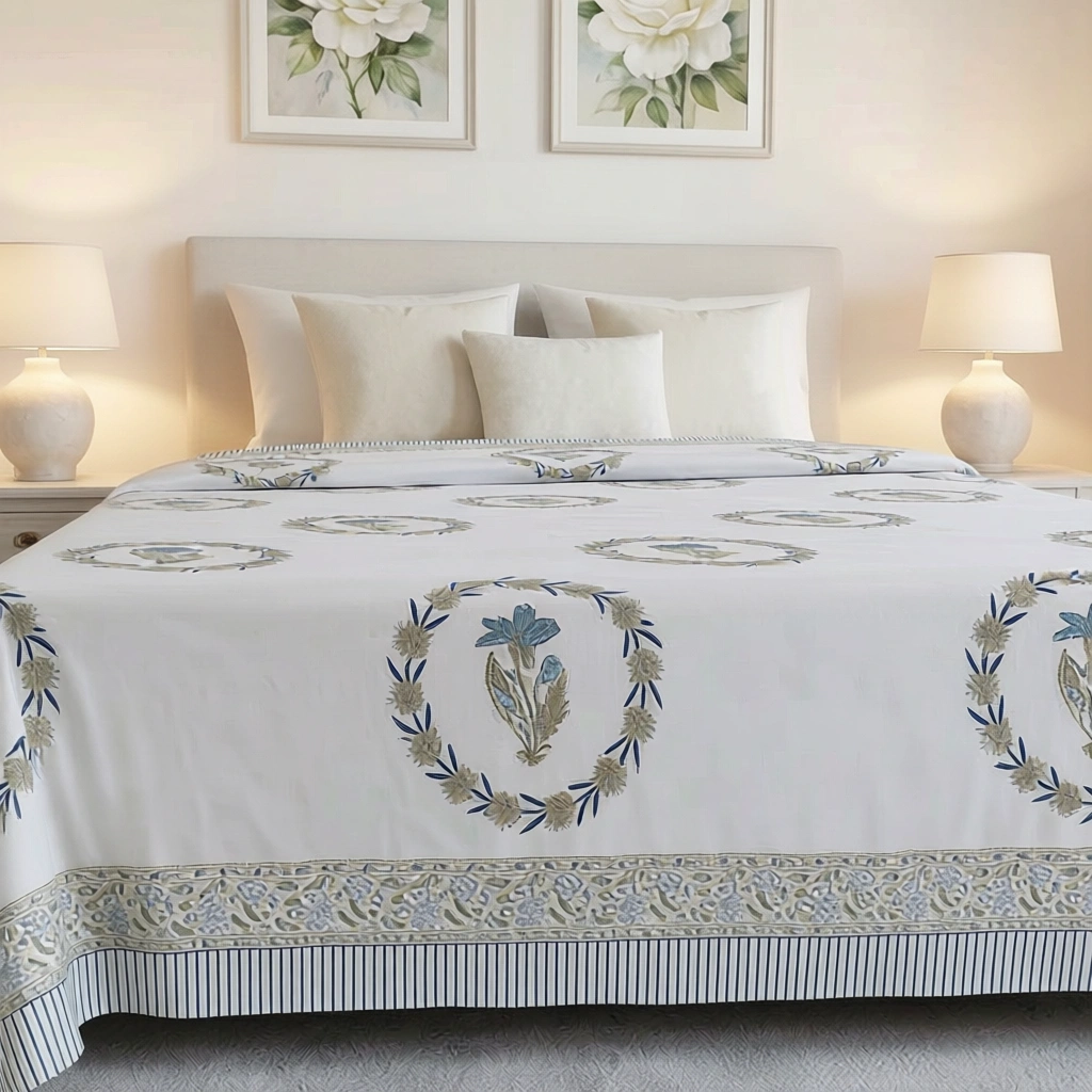 King Size Block Printed Percale Fine Cotton Bedspread with 2 Pillow Cases 200814