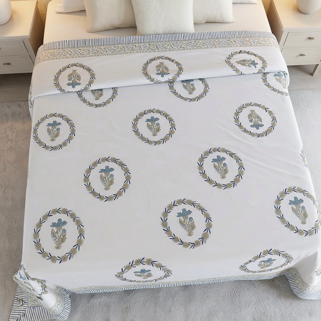 King Size Block Printed Percale Fine Cotton Bedspread with 2 Pillow Cases 200814