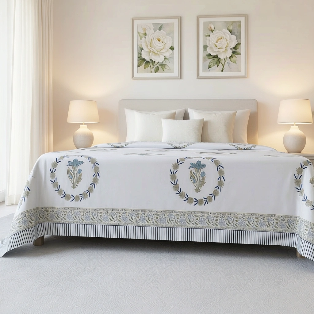King Size Block Printed Percale Fine Cotton Bedspread with 2 Pillow Cases 200814