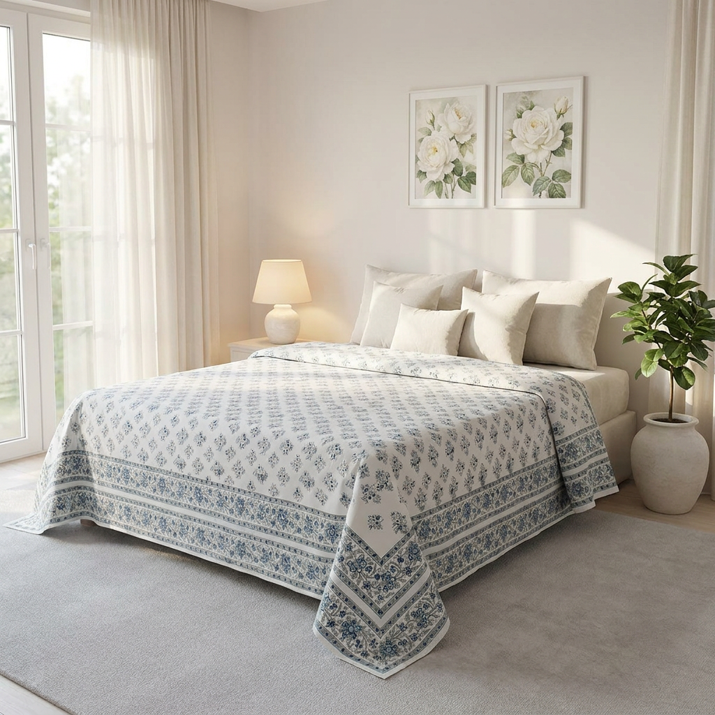 King Size Block Printed Percale Fine Cotton Bedspread with 2 Pillow Cases 200818