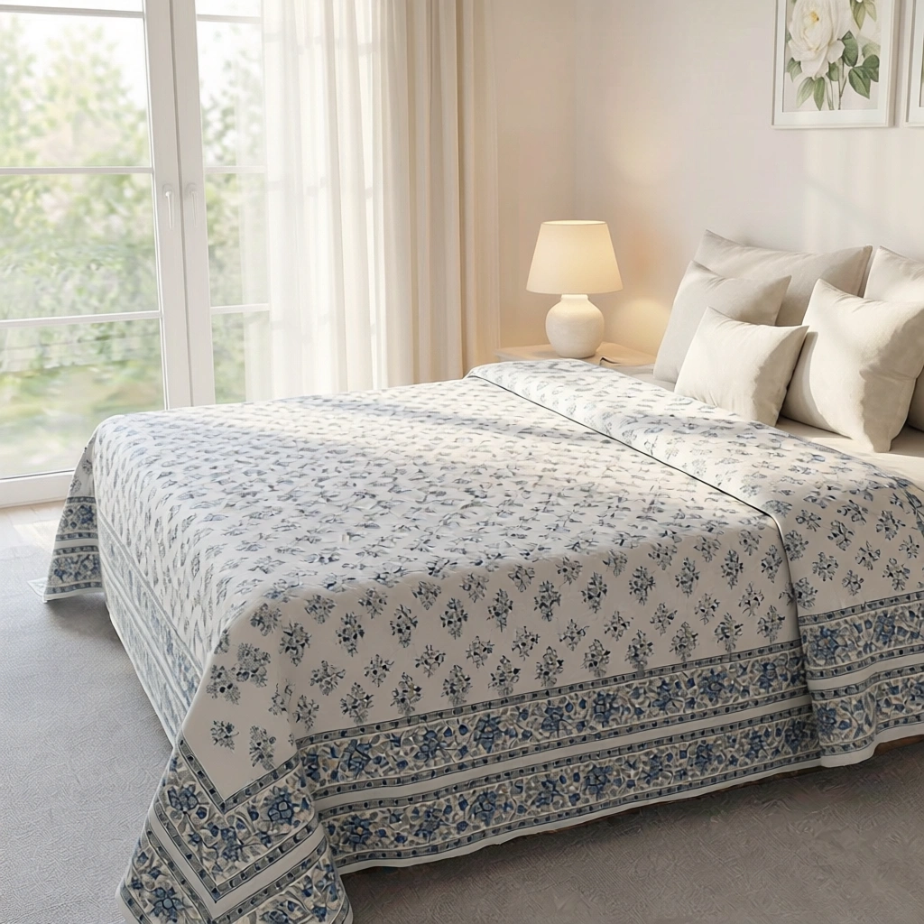 King Size Block Printed Percale Fine Cotton Bedspread with 2 Pillow Cases   200818