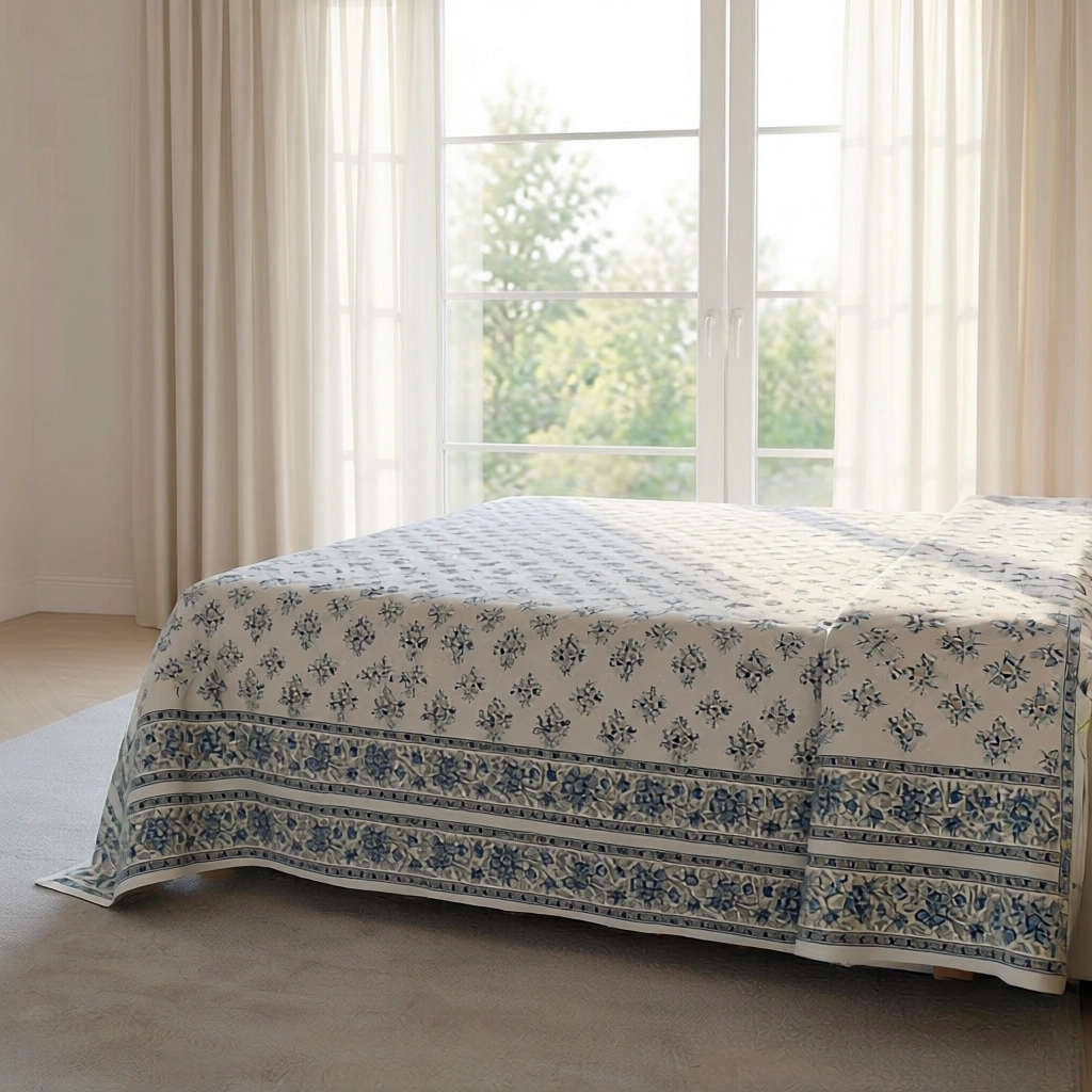 King Size Block Printed Percale Fine Cotton Bedspread with 2 Pillow Cases 200818
