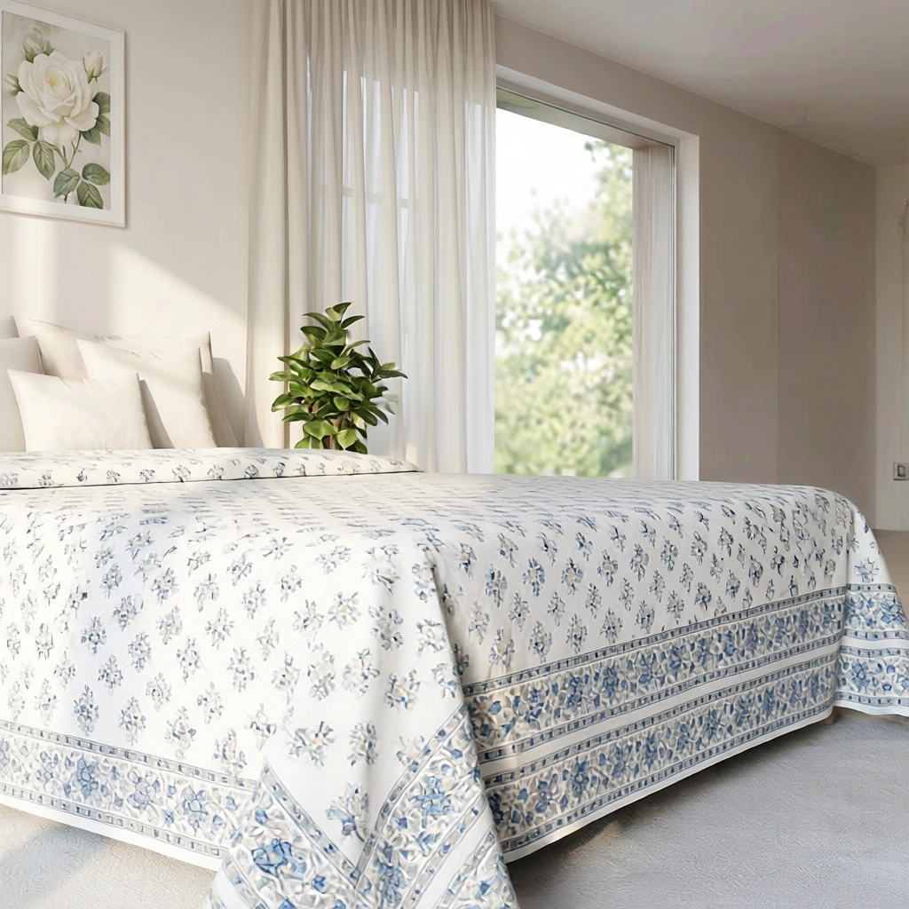 King Size Block Printed Percale Fine Cotton Bedspread with 2 Pillow Cases   200818