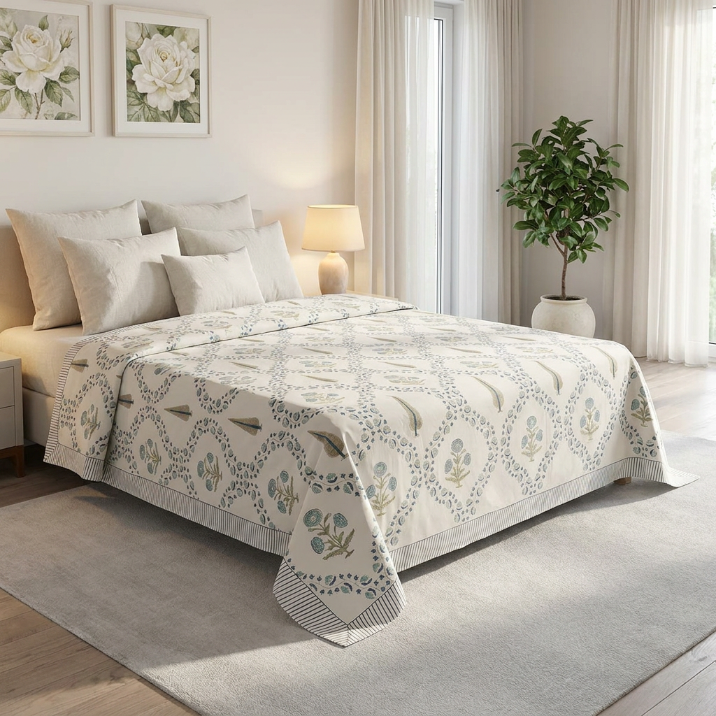 King Size Block Printed Percale Fine Cotton Bedspread with 2 Pillow Cases 200822
