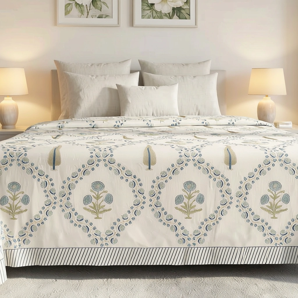 King Size Block Printed Percale Fine Cotton Bedspread with 2 Pillow Cases 200822