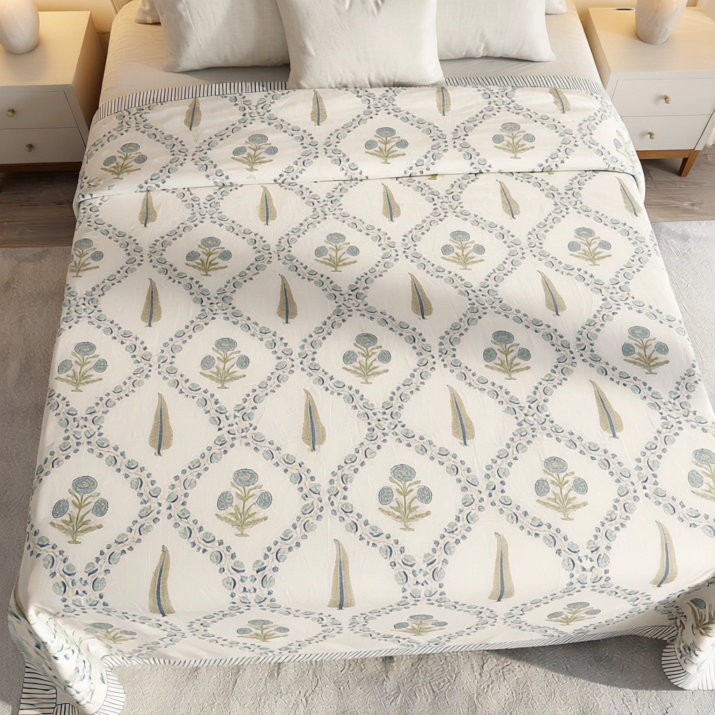 King Size Block Printed Percale Fine Cotton Bedspread with 2 Pillow Cases 200822