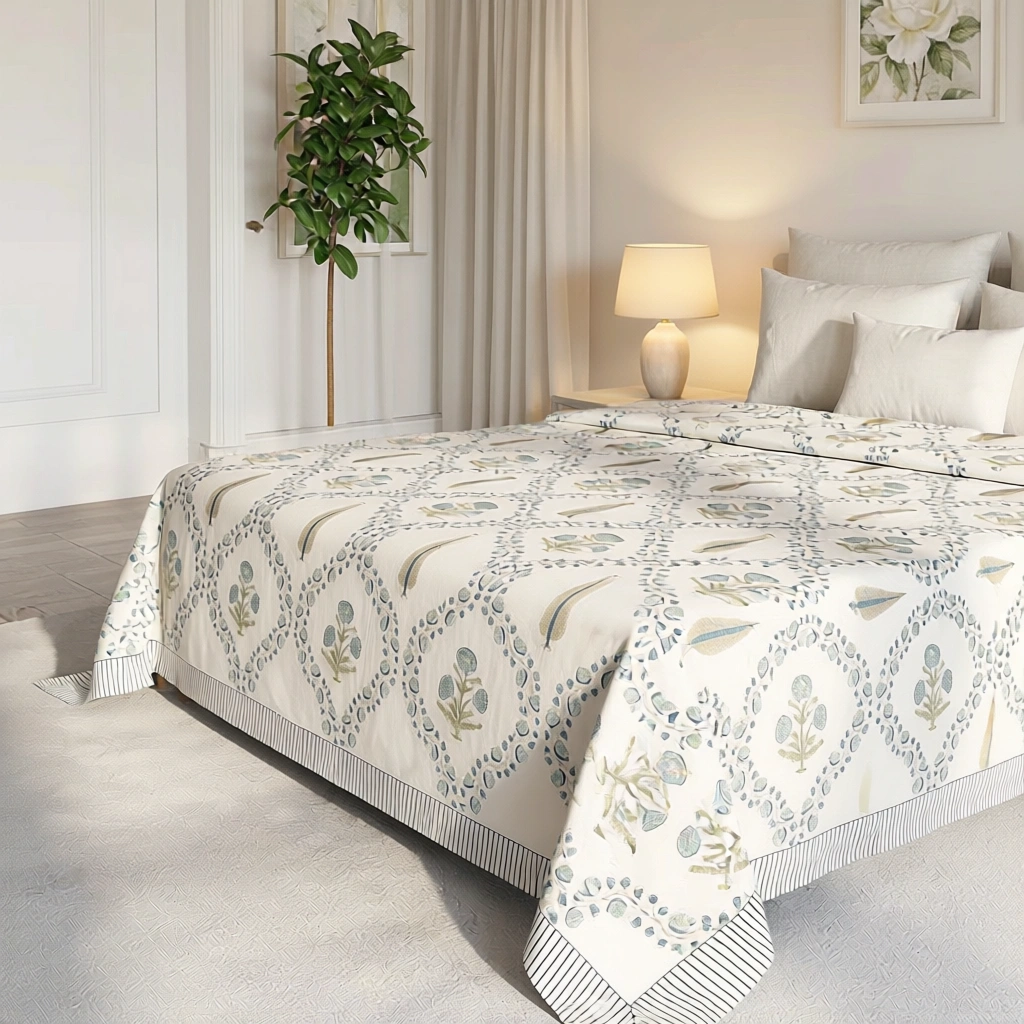 King Size Block Printed Percale Fine Cotton Bedspread with 2 Pillow Cases 200822