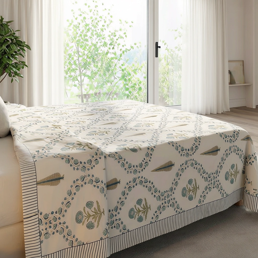 King Size Block Printed Percale Fine Cotton Bedspread with 2 Pillow Cases 200822