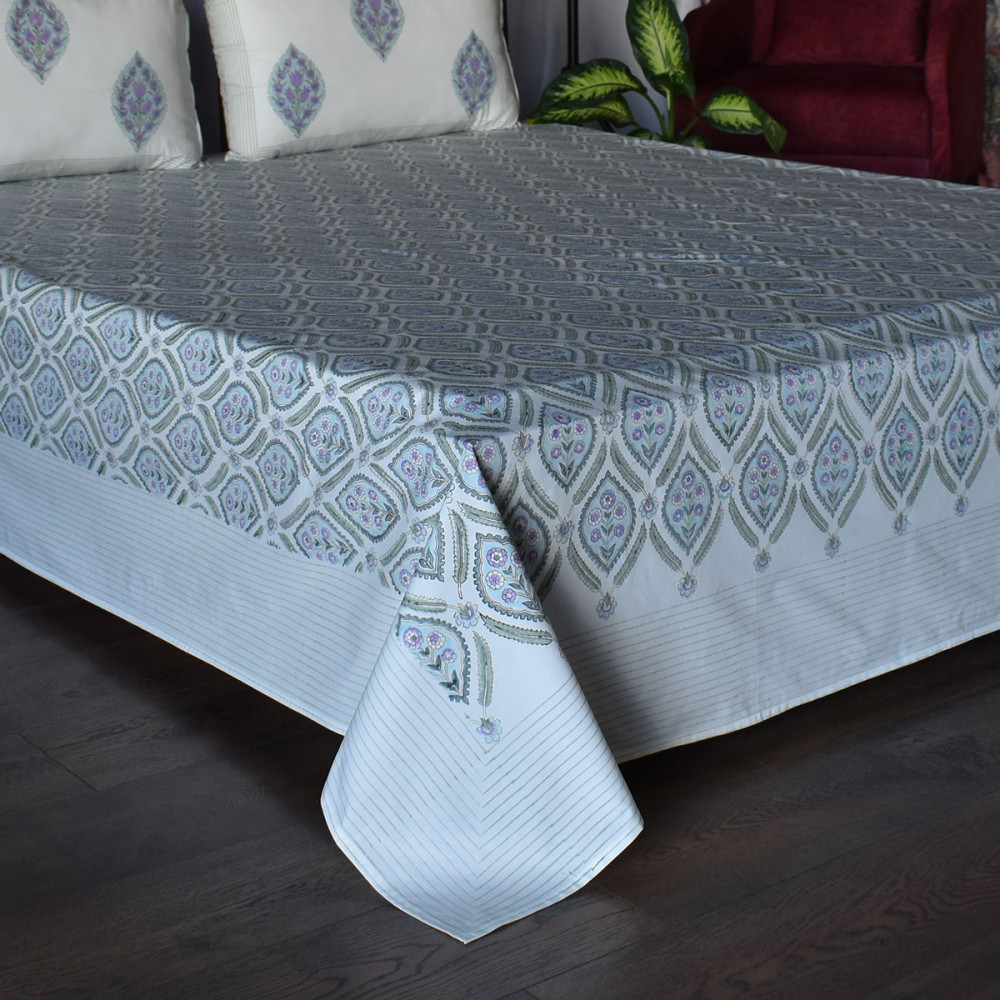 Image of King Size Block Printed Percale Fine Cotton Bedspread with 2 Pillow Cases  | 200827