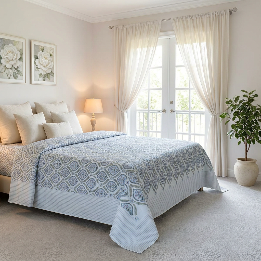 King Size Block Printed Percale Fine Cotton Bedspread with 2 Pillow Cases 200827
