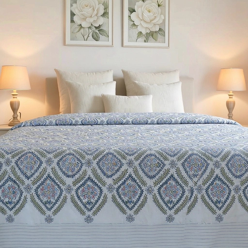 King Size Block Printed Percale Fine Cotton Bedspread with 2 Pillow Cases 200827