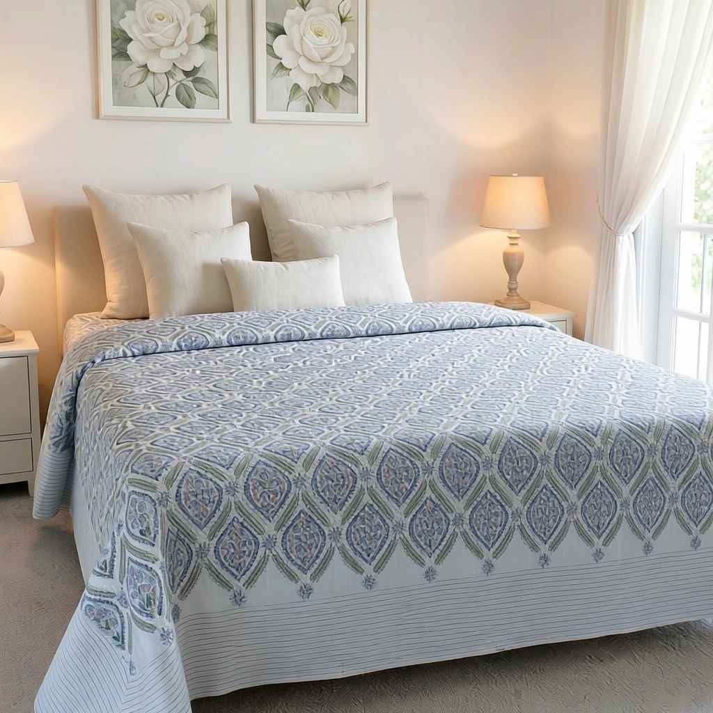 King Size Block Printed Percale Fine Cotton Bedspread with 2 Pillow Cases 200827