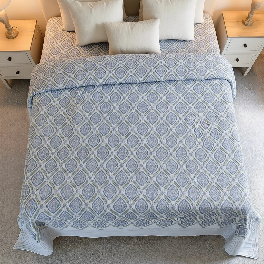 King Size Block Printed Percale Fine Cotton Bedspread with 2 Pillow Cases 200827