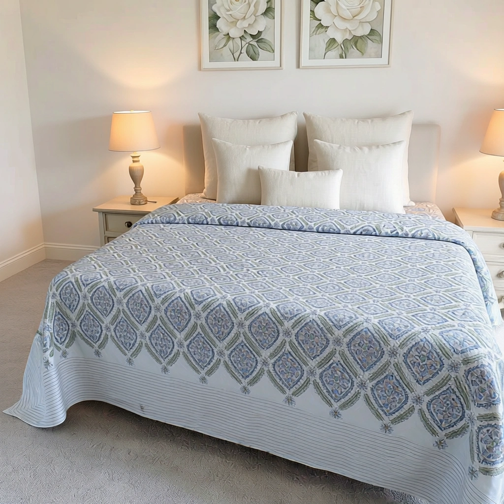 King Size Block Printed Percale Fine Cotton Bedspread with 2 Pillow Cases   200827