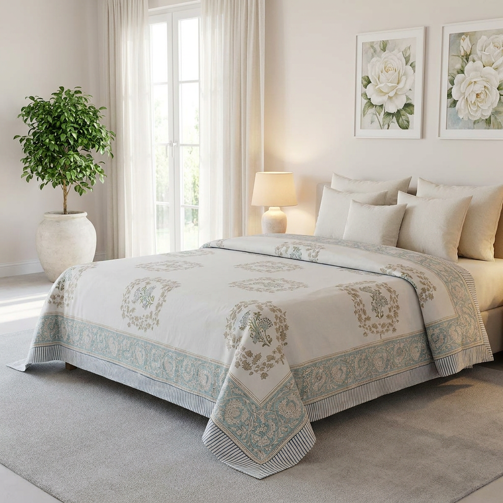 King Size Block Printed Percale Fine Cotton Bedspread with 2 Pillow Cases 200833
