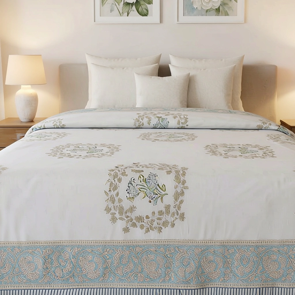 King Size Block Printed Percale Fine Cotton Bedspread with 2 Pillow Cases 200833