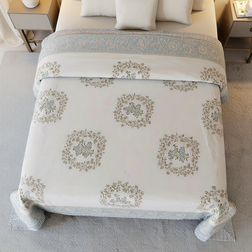 King Size Block Printed Percale Fine Cotton Bedspread with 2 Pillow Cases   200833