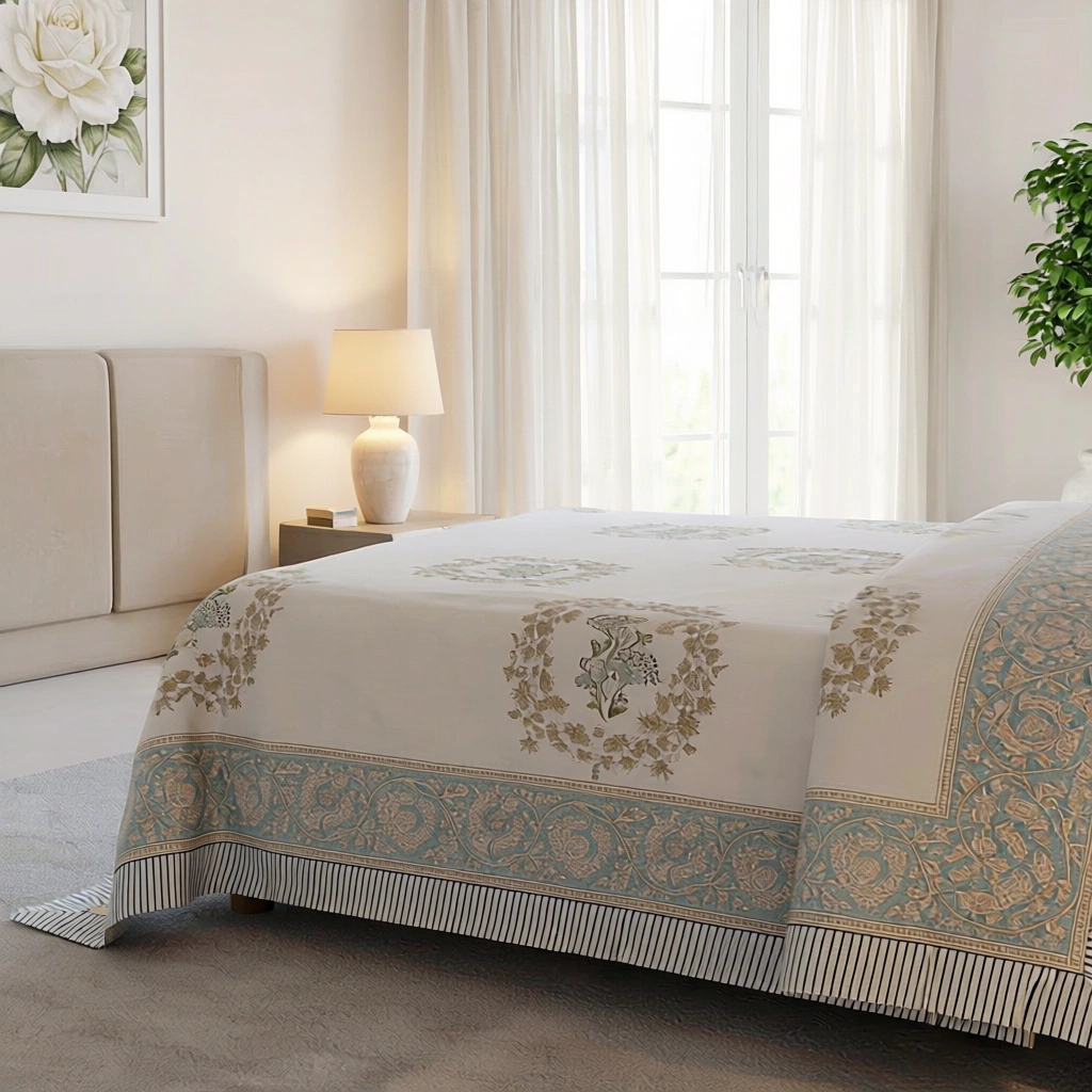 King Size Block Printed Percale Fine Cotton Bedspread with 2 Pillow Cases   200833