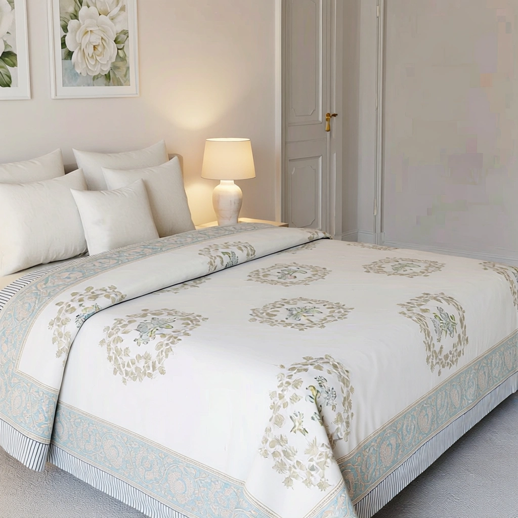 King Size Block Printed Percale Fine Cotton Bedspread with 2 Pillow Cases   200833