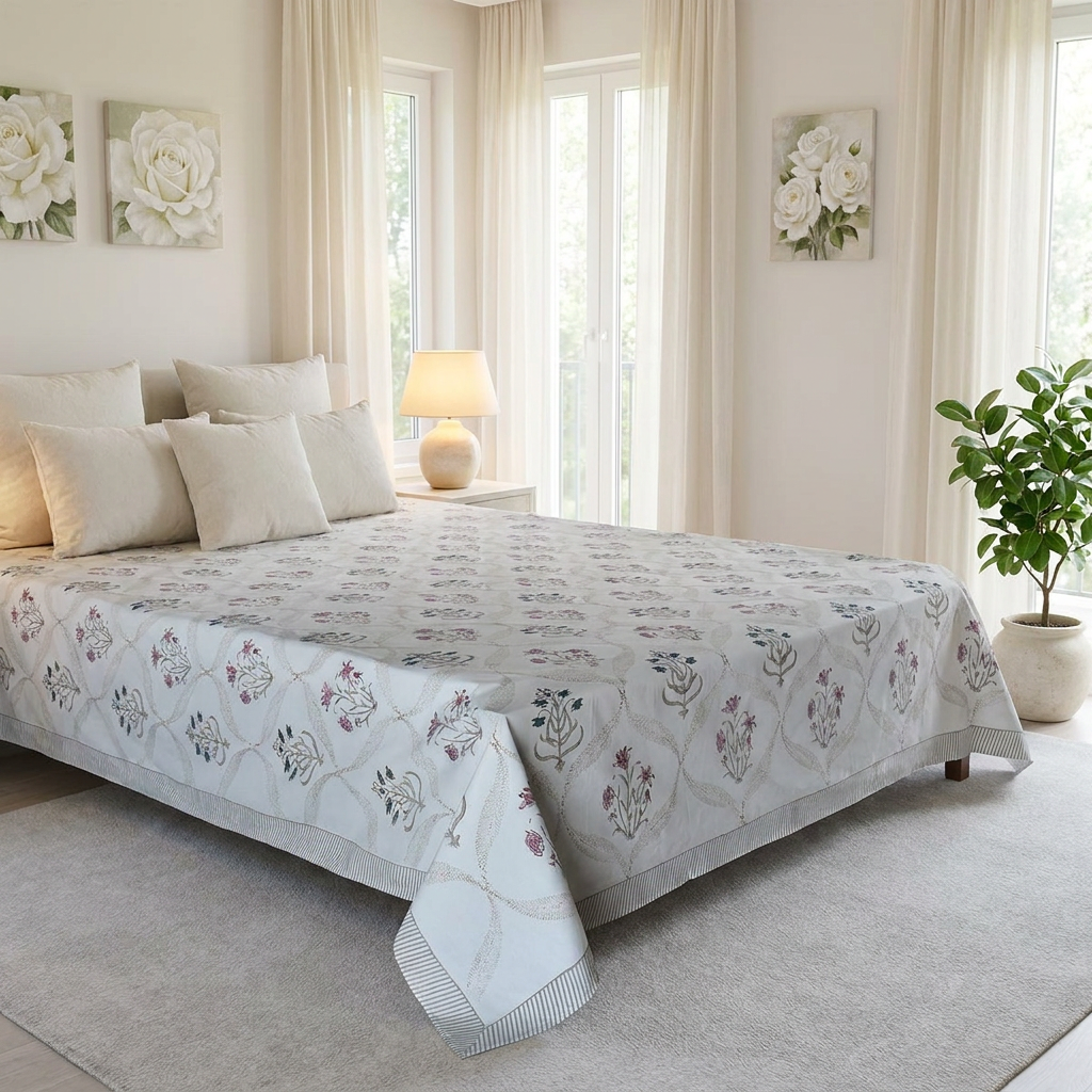 King Size Block Printed Percale Fine Cotton Bedspread with 2 Pillow Cases 200838