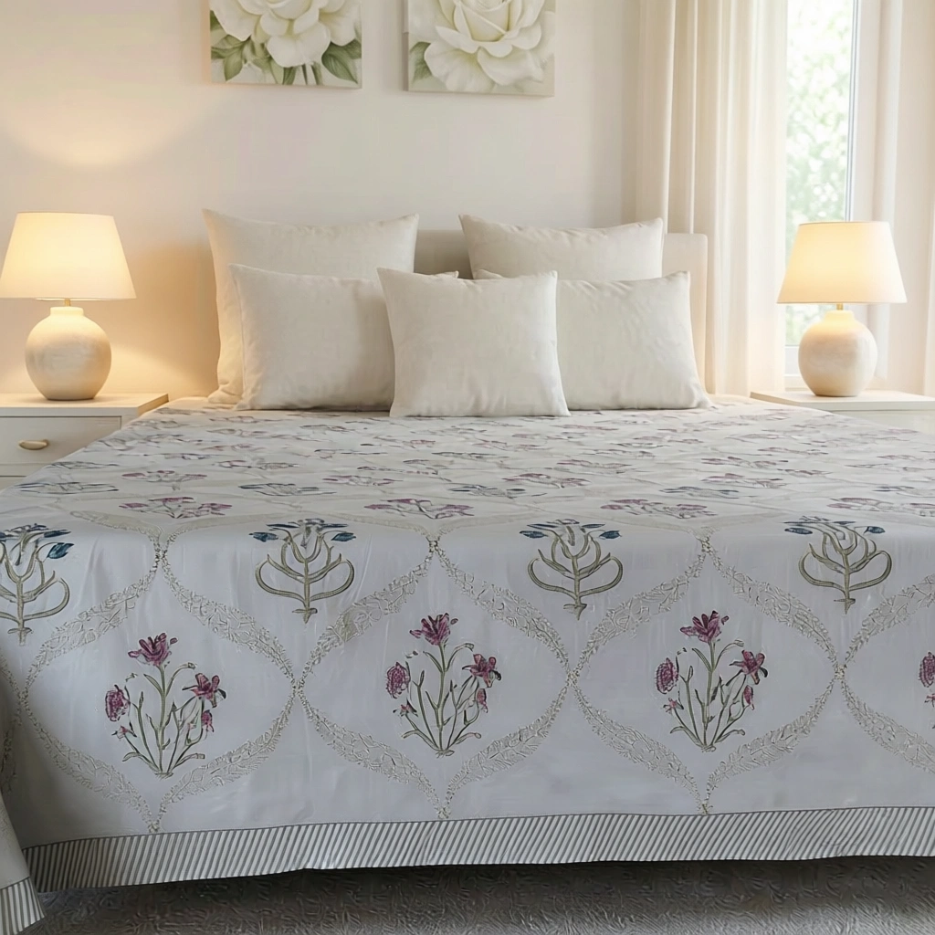 King Size Block Printed Percale Fine Cotton Bedspread with 2 Pillow Cases   200838